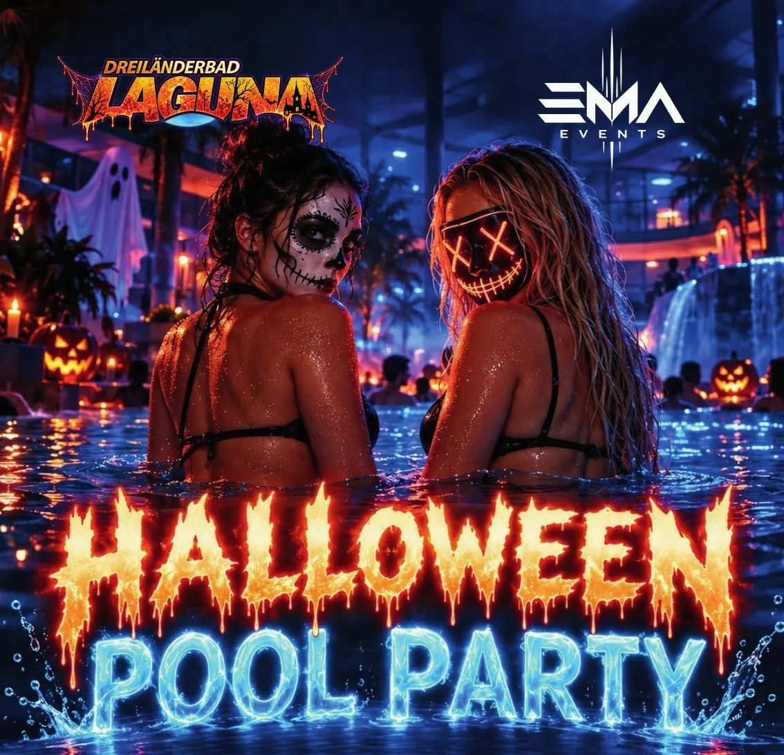 Halloween Pool Party im Laguna Badeland – Originalmotiv mit zwei Halloween-Gästen am Pool, Logo Laguna und EMA Events sowie leuchtendem Party-Schriftzug